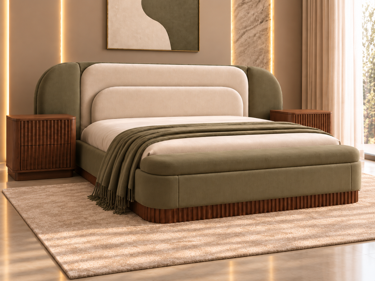 Three-quarter view of Elara Sage Bed Set with layered upholstered headboard, olive boucle and matching side tables