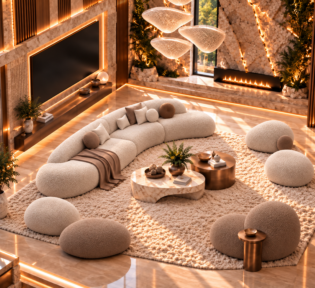 Elowen oversized curved sofa and sculptural lounge seating in a luxury contemporary Lahore interior