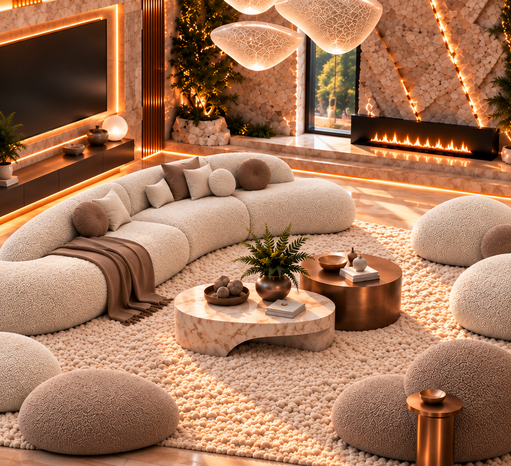 Elowen curved ivory sofa with organic lounge seats in premium textured upholstery by Z Galleria Pakistan