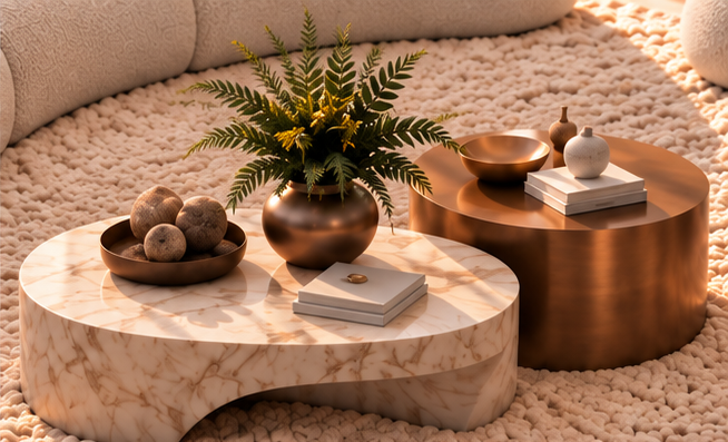 Organic marble and bronze coffee tables styled with the Elowen curved lounge collection