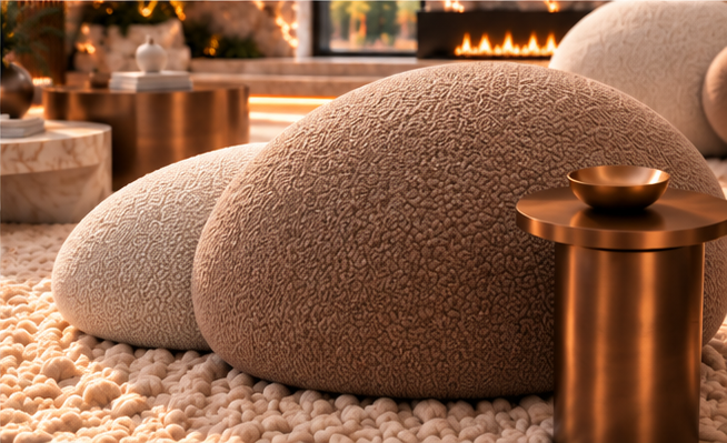Elowen sculptural lounge seats in ivory and taupe textured upholstery by Z Galleria Lahore