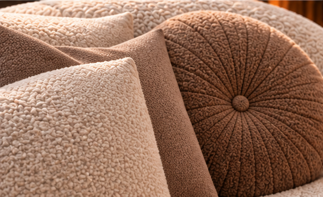 Close-up of premium textured upholstery and cushions from the Elowen luxury lounge collection