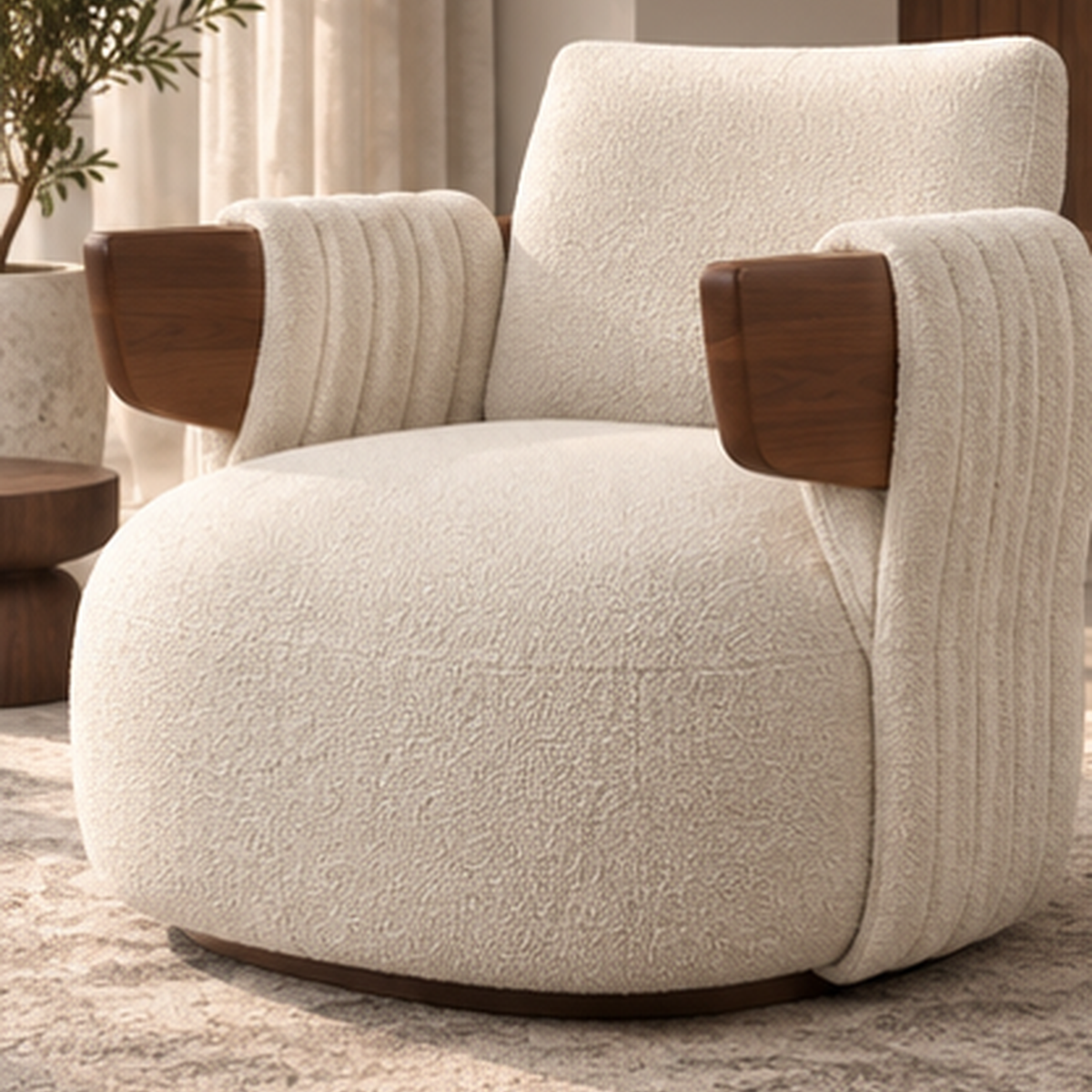 Three-quarter view of Evara Ribbed Lounge Chair in ivory boucle with curved solid wood detail