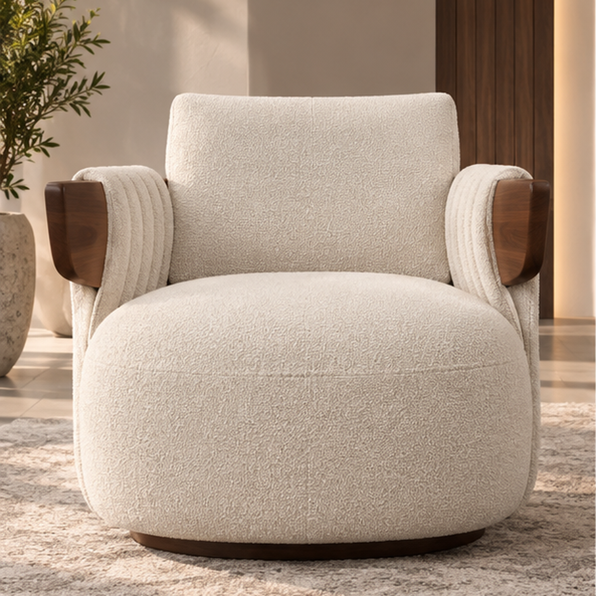 Evara Ribbed Lounge Chair front view in ivory boucle with solid wood structure - Z Galleria