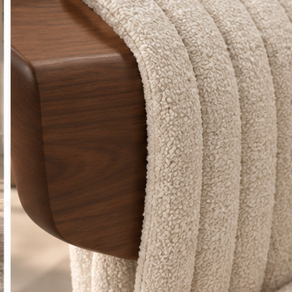 Close-up of ivory boucle upholstery and solid wood detailing on Evara Ribbed Lounge Chair