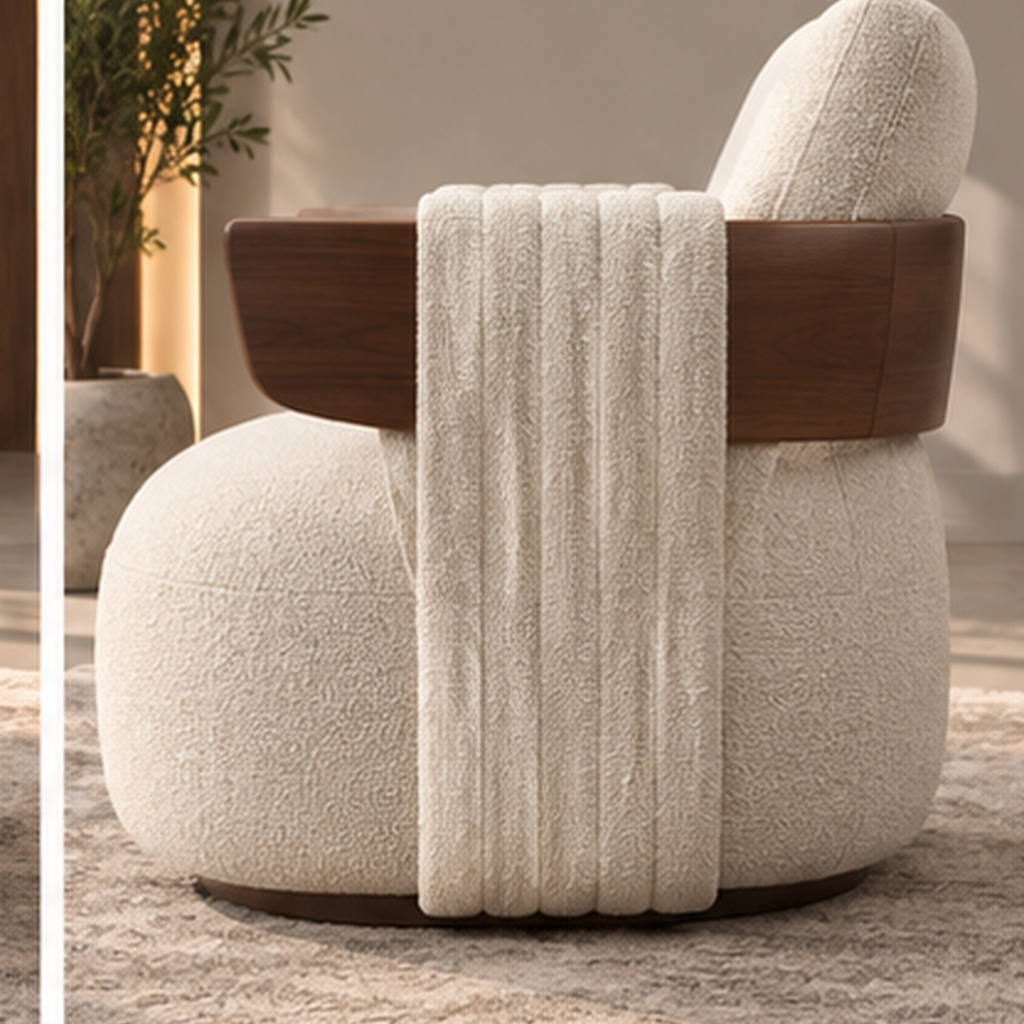 Side view of Evara Ribbed Lounge Chair showing ribbed boucle wrap and solid wood arm detail