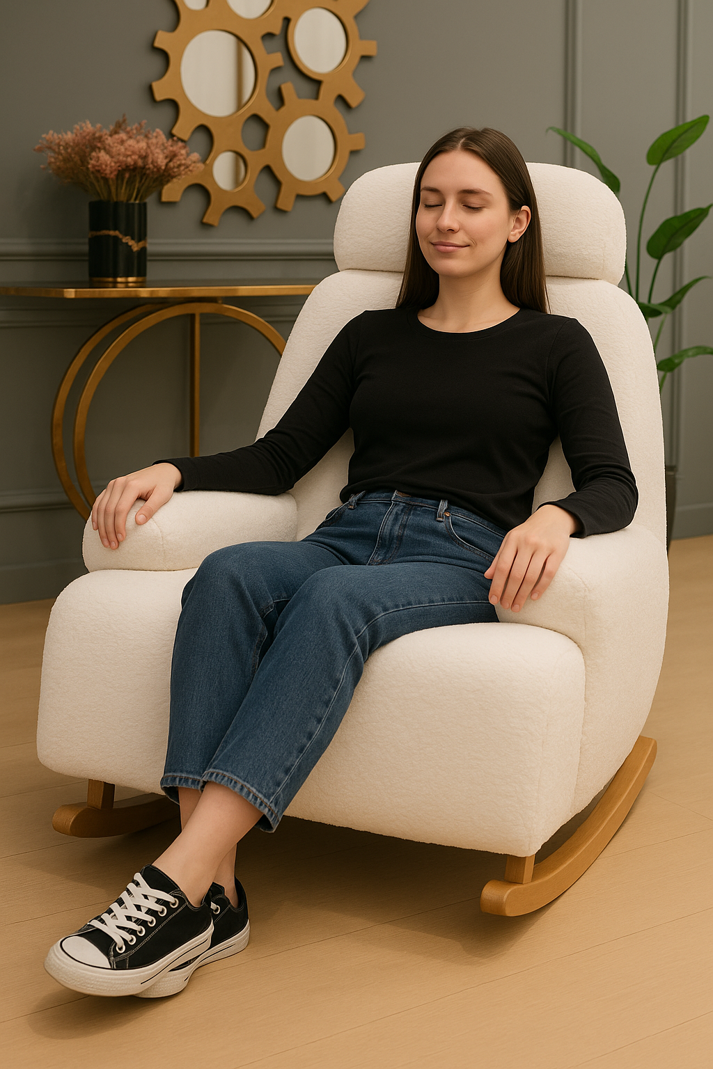 Nordic White Fur Rocking Lounge Chair