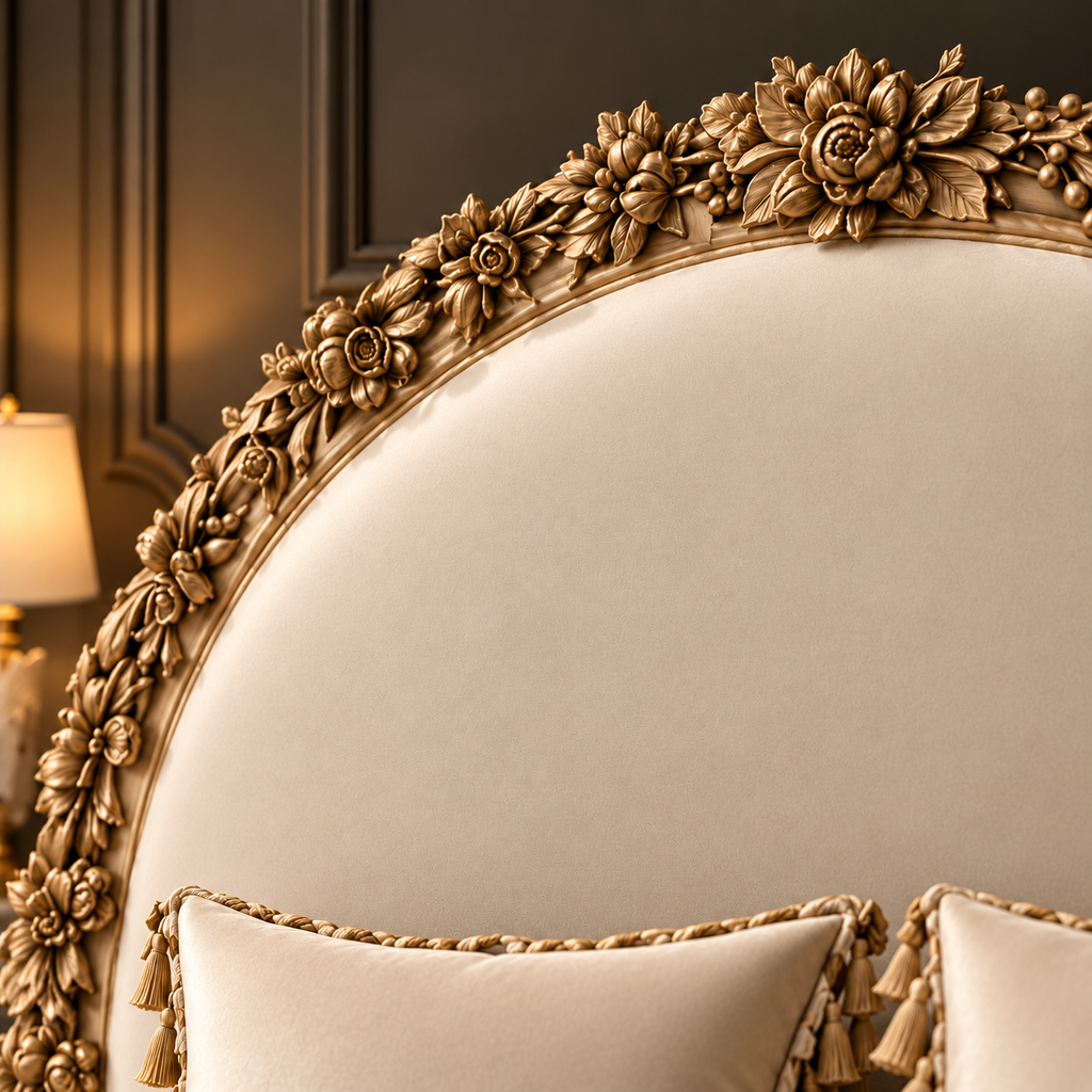 Close-up of Florienne Crest Bed Set carved floral solid wood headboard with plain ivory velvet upholstery