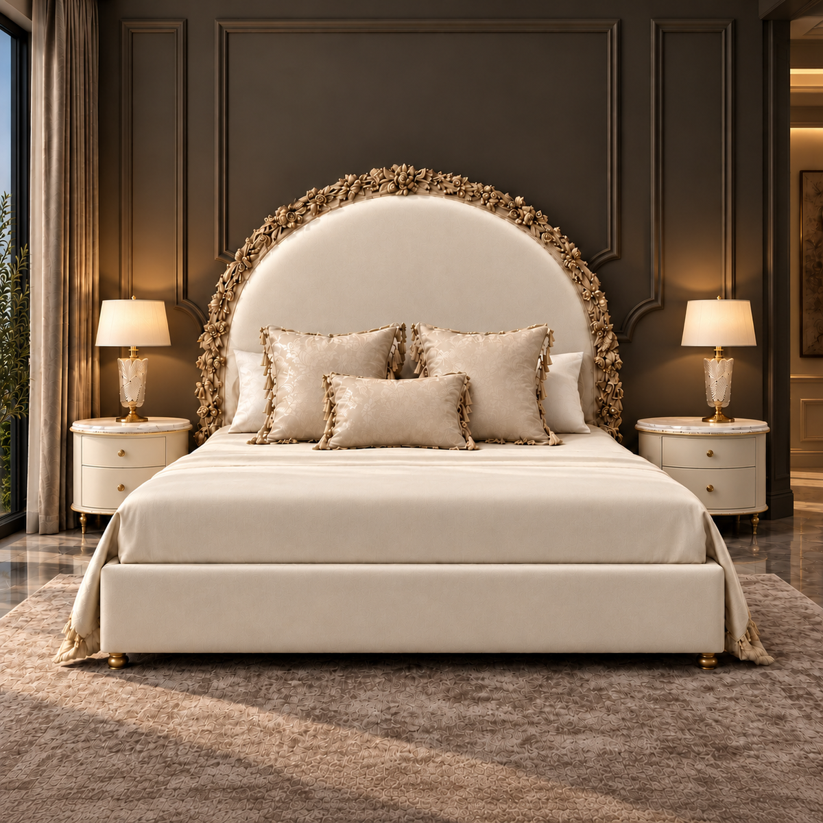 Florienne Crest Bed Set front view with plain ivory velvet upholstery, carved gold-finished solid wood headboard and marble-top side tables - Z Galleria