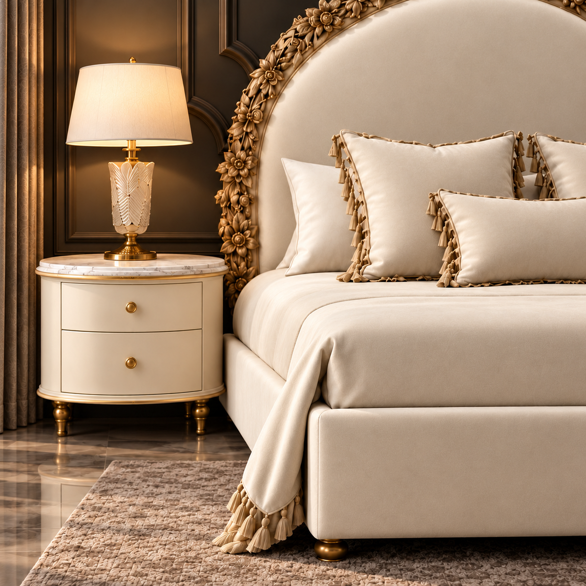 Material close-up of Florienne Crest Bed Set plain ivory velvet upholstery, carved solid wood detailing and marble-top side table