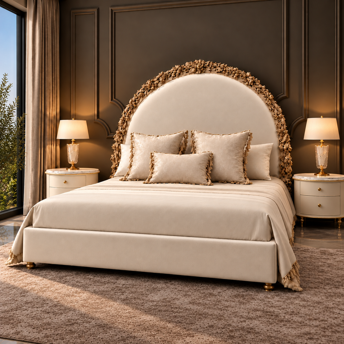 Three-quarter view of Florienne Crest Bed Set with plain ivory velvet upholstery and ornate carved solid wood frame