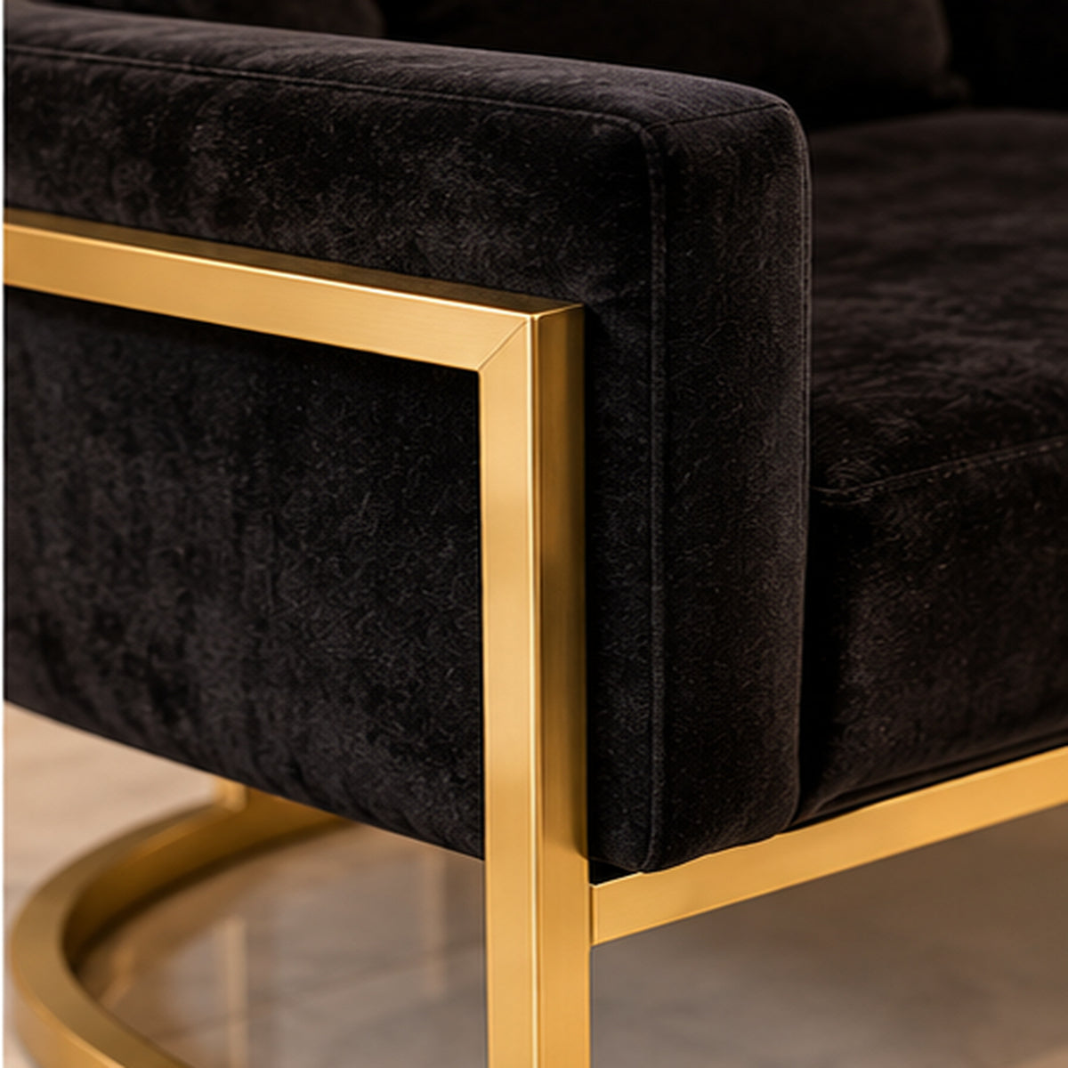 Continental Accent Chair gold frame and black velvet material close-up