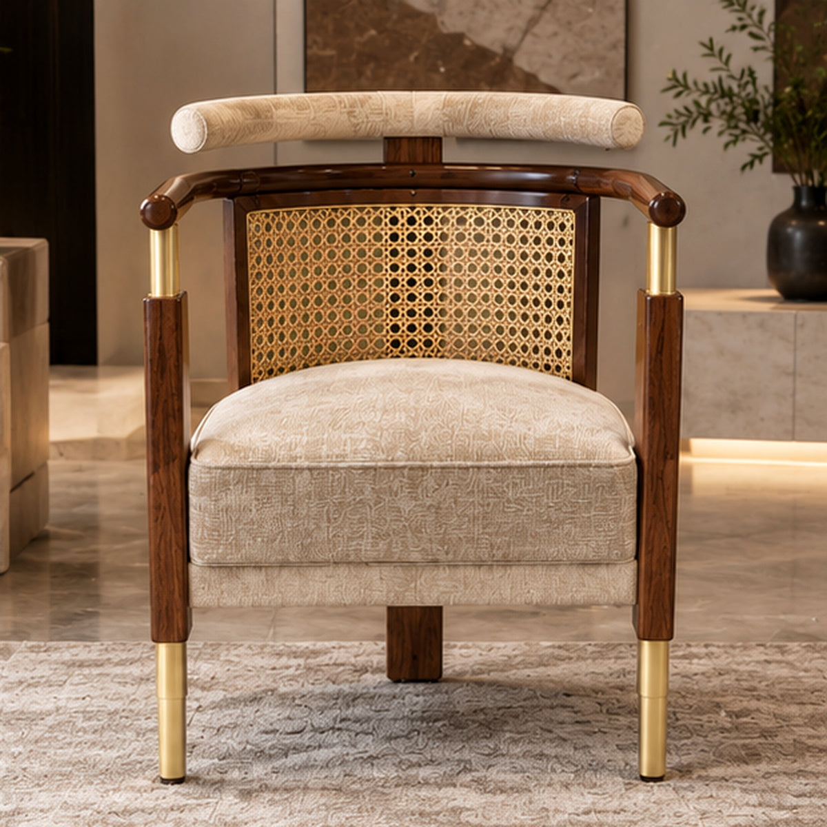 The Heritage Rattan Accent Chair corrected front view showing two front legs and one central rear leg
