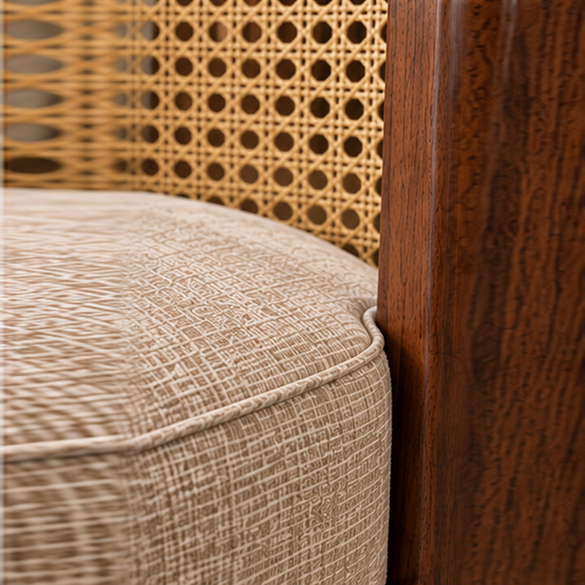 The Heritage Rattan Accent Chair rattan cane, upholstery and walnut material close-up