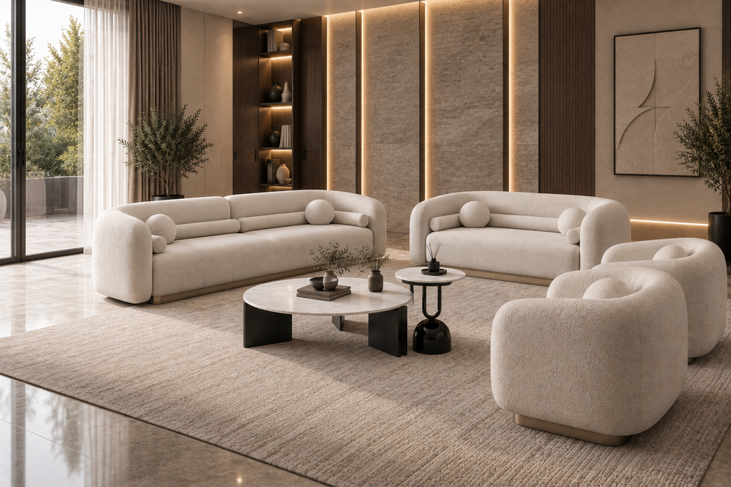 Ivora Sculpted Sofa Set 4+2+1 with centre table in an ivory luxury interior by Z Galleria