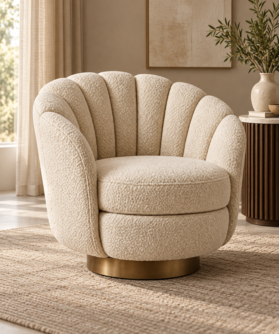 Ivory boucle shell lounge chair in a warm interior