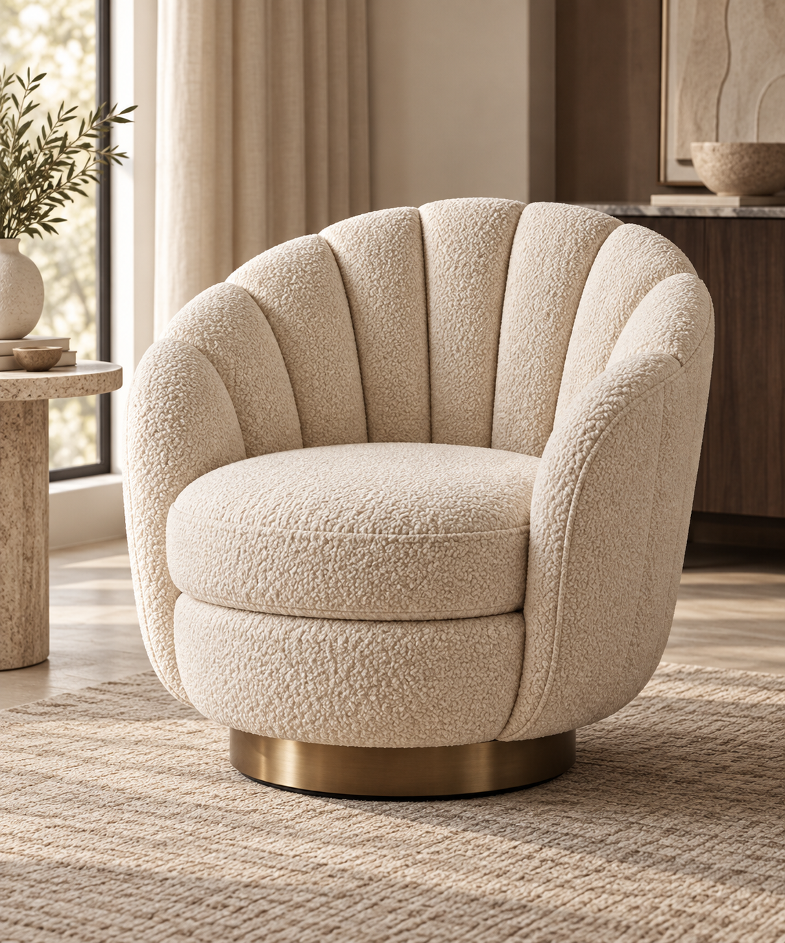 Ivory Ribbed Shell Bouclé Lounge Chair opposite angle