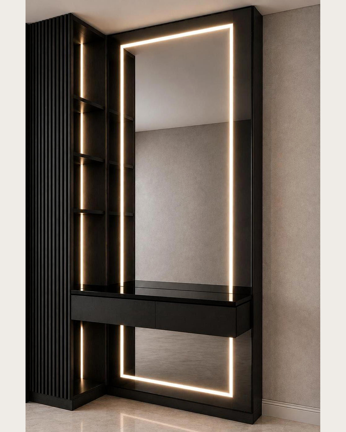 Linea Frame wall vanity in matte black with illuminated mirror and fluted shelving by Z Galleria