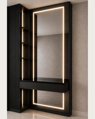 Linea Frame wall vanity in matte black with illuminated mirror and fluted shelving by Z Galleria