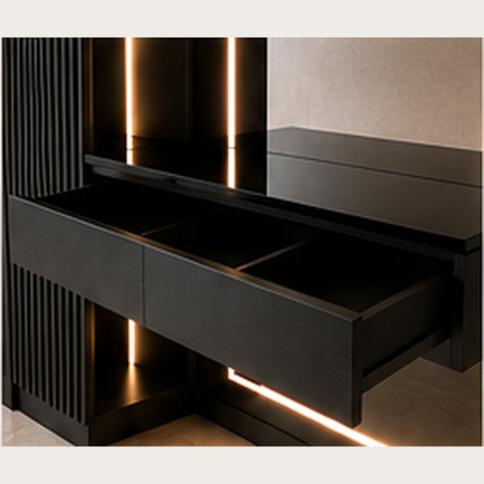 Matte black Linea Frame vanity floating drawer console detail by Z Galleria
