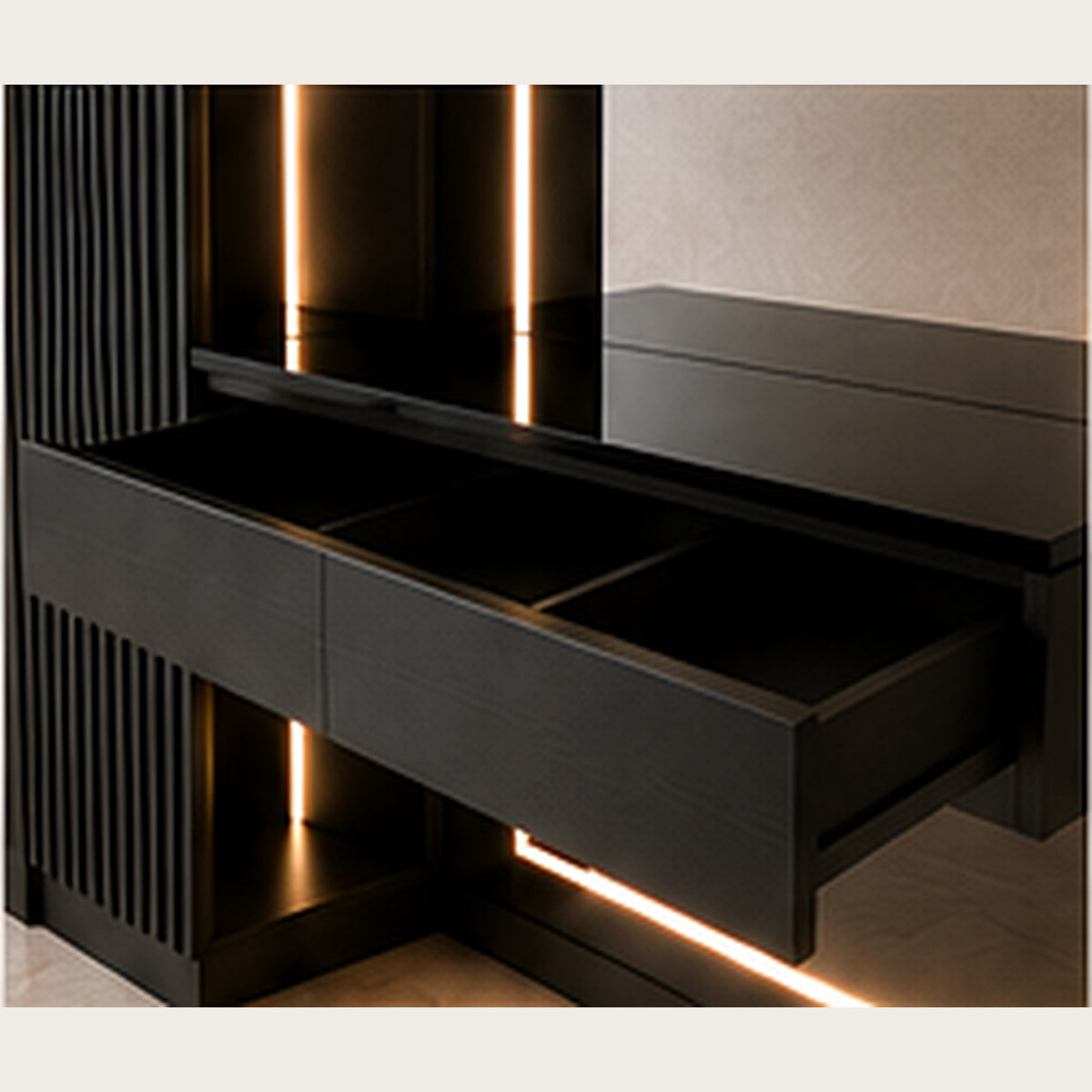 Matte black Linea Frame vanity floating drawer console detail by Z Galleria