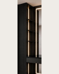 Matte black Linea Frame vanity illuminated shelving and fluted panel detail by Z Galleria