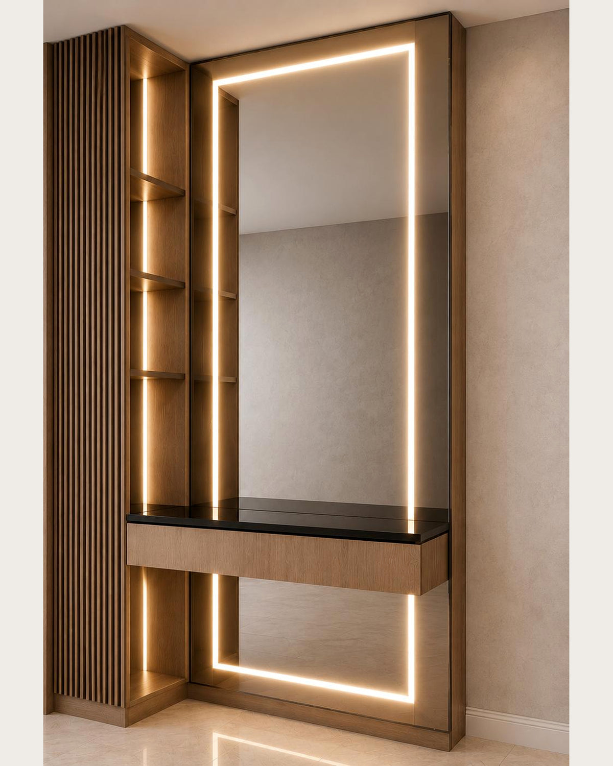 Linea Frame wall vanity in natural wood finish with illuminated mirror and shelving by Z Galleria