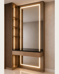 Linea Frame wall vanity in natural wood finish with illuminated mirror and shelving by Z Galleria