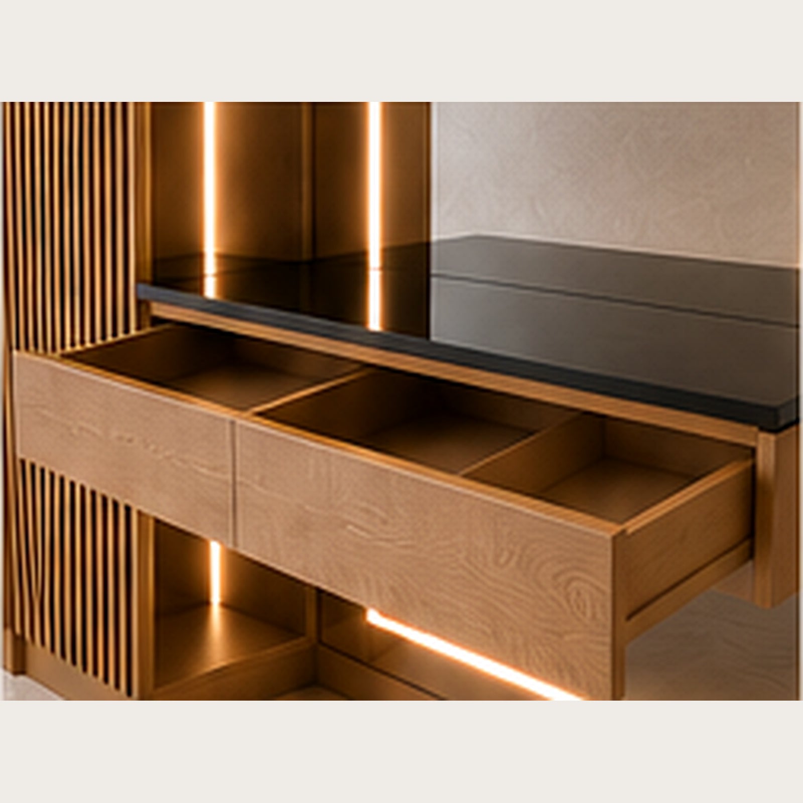 Natural wood Linea Frame vanity floating drawer console detail by Z Galleria
