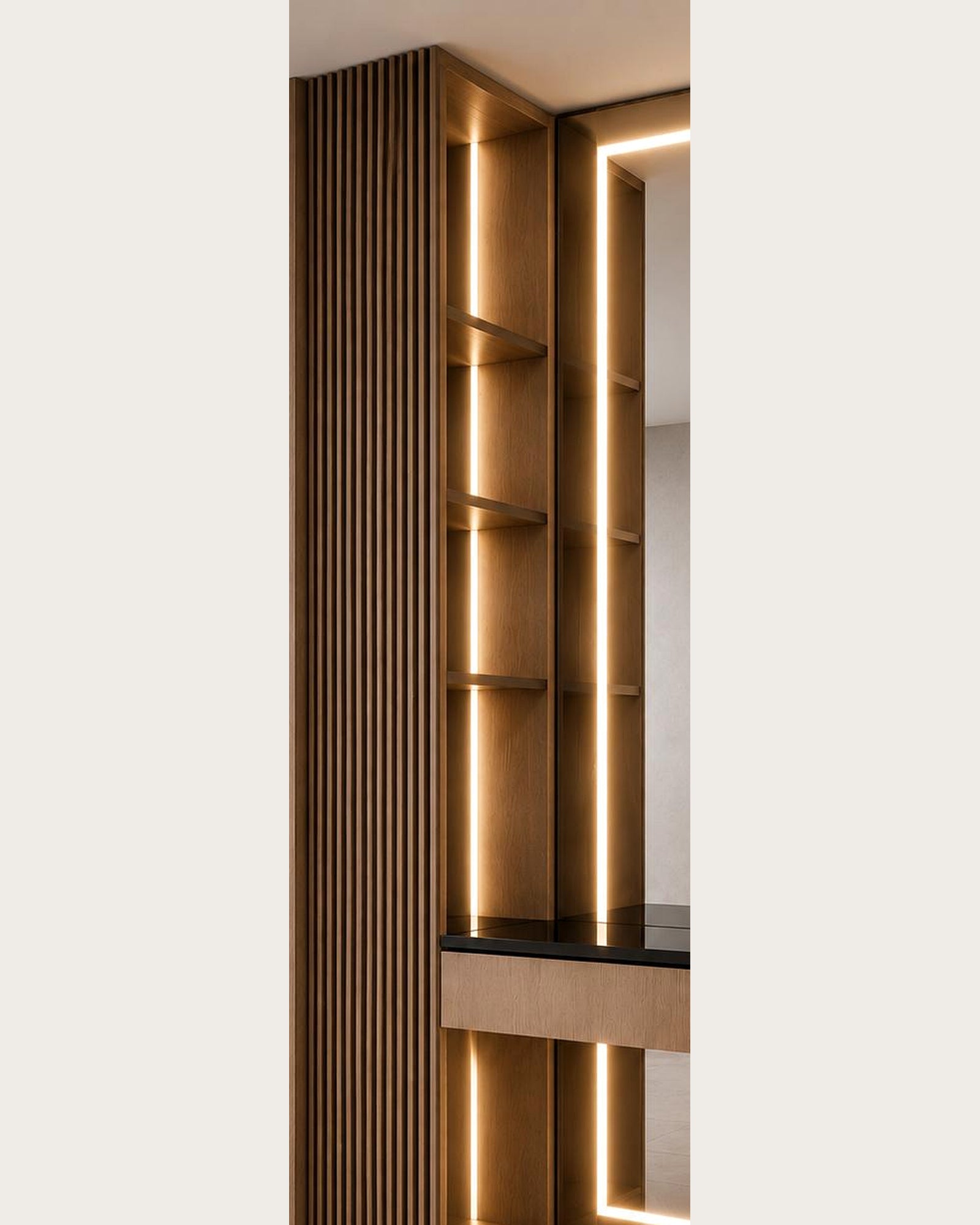 Natural wood Linea Frame vanity illuminated shelving and fluted panel detail by Z Galleria