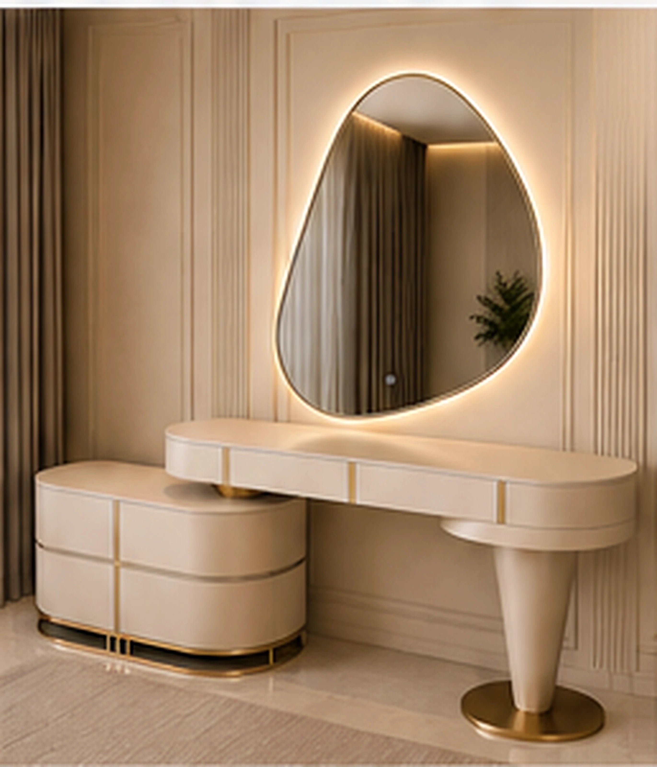 Angled view of Liora Curve luxury vanity with illuminated mirror, curved ivory finish and gold accents by Z Galleria Lahore
