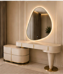 Angled view of Liora Curve luxury vanity with illuminated mirror, curved ivory finish and gold accents by Z Galleria Lahore