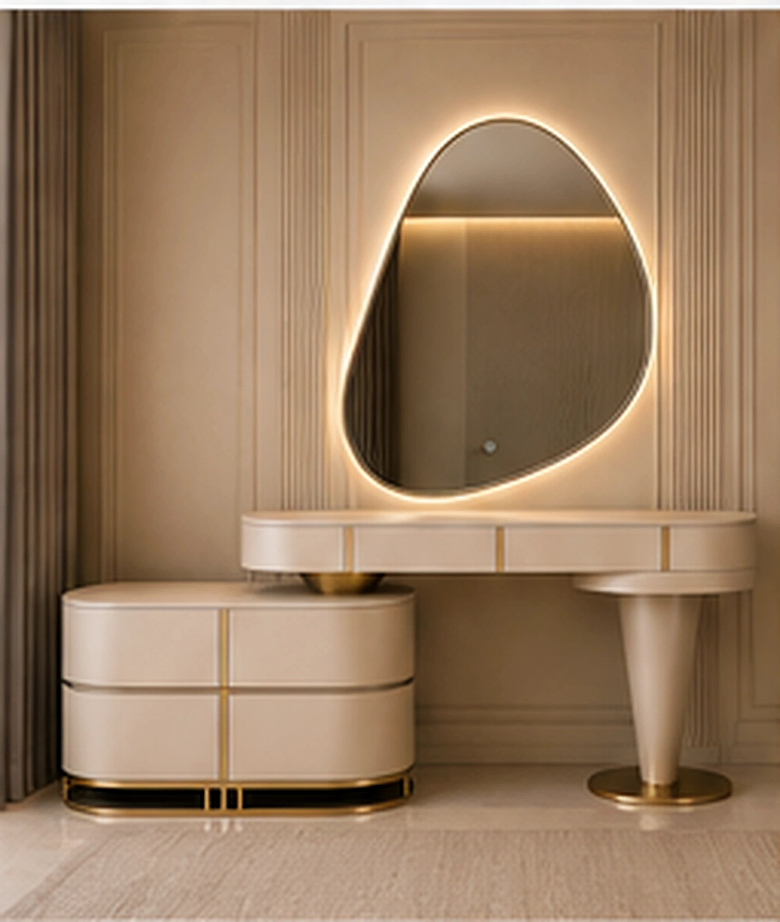 Front view of Liora Curve luxury dressing table with organic illuminated mirror and refined ivory finish by Z Galleria