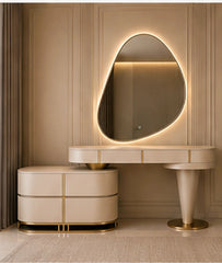 Front view of Liora Curve luxury dressing table with organic illuminated mirror and refined ivory finish by Z Galleria