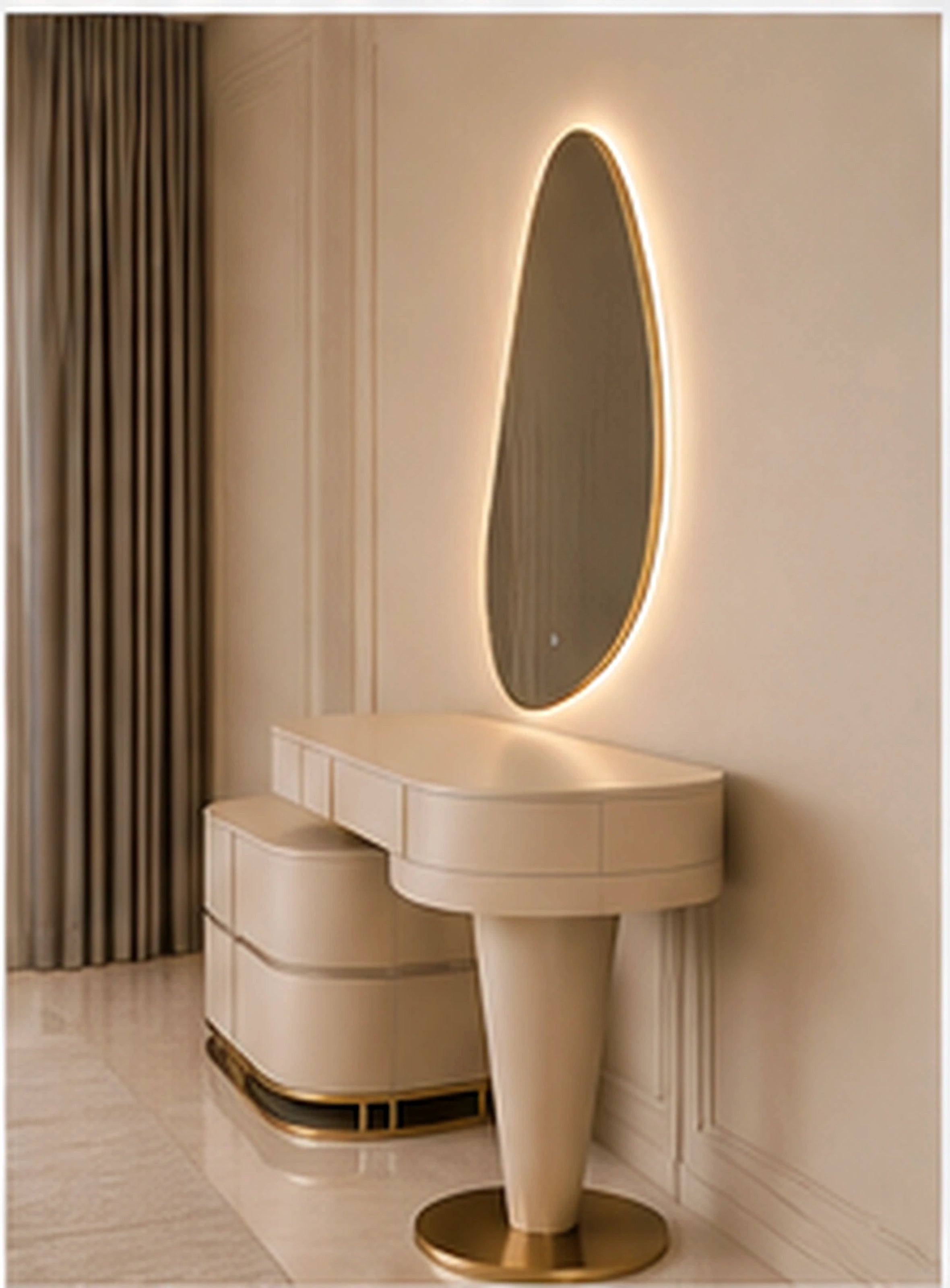 Side view of Liora Curve modern vanity with sculptural pedestal, rounded storage and gold detailing by Z Galleria
