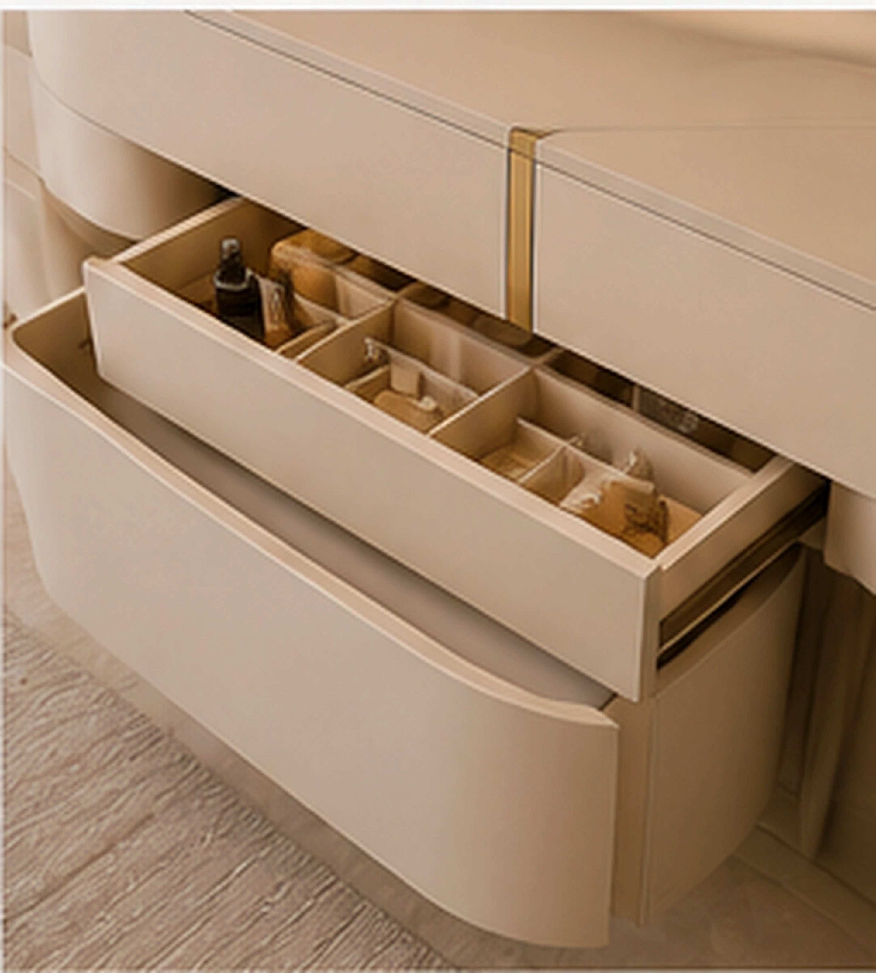 Liora Curve dressing table storage detail with rounded cabinetry, refined painted finish and premium detailing by Z Galleria