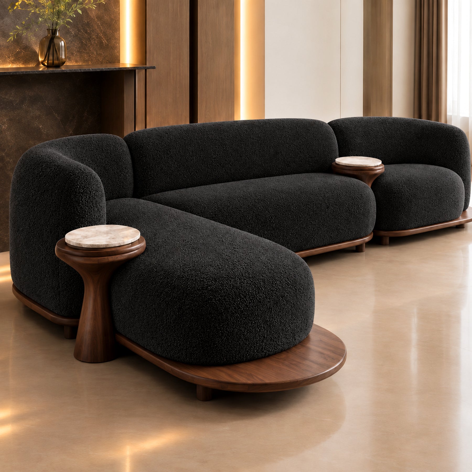 Lume Curve Sectional Sofa in black textured upholstery with integrated side tables by Z Galleria Lahore
