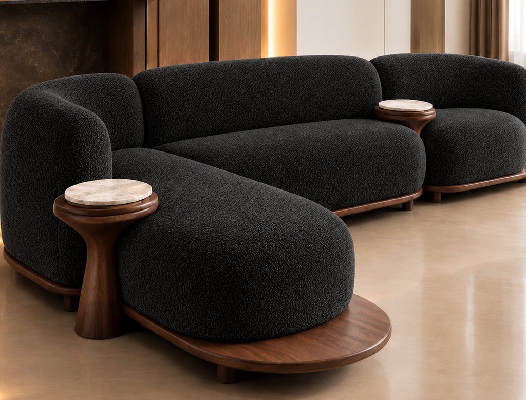 Lume Curve Sectional Sofa black full product view with curved chaise and walnut-toned base by Z Galleria