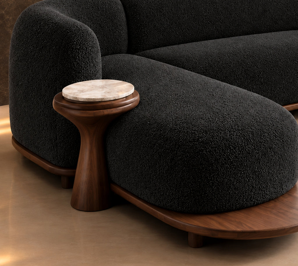 Black Lume Curve Sectional Sofa chaise and integrated side table detail by Z Galleria