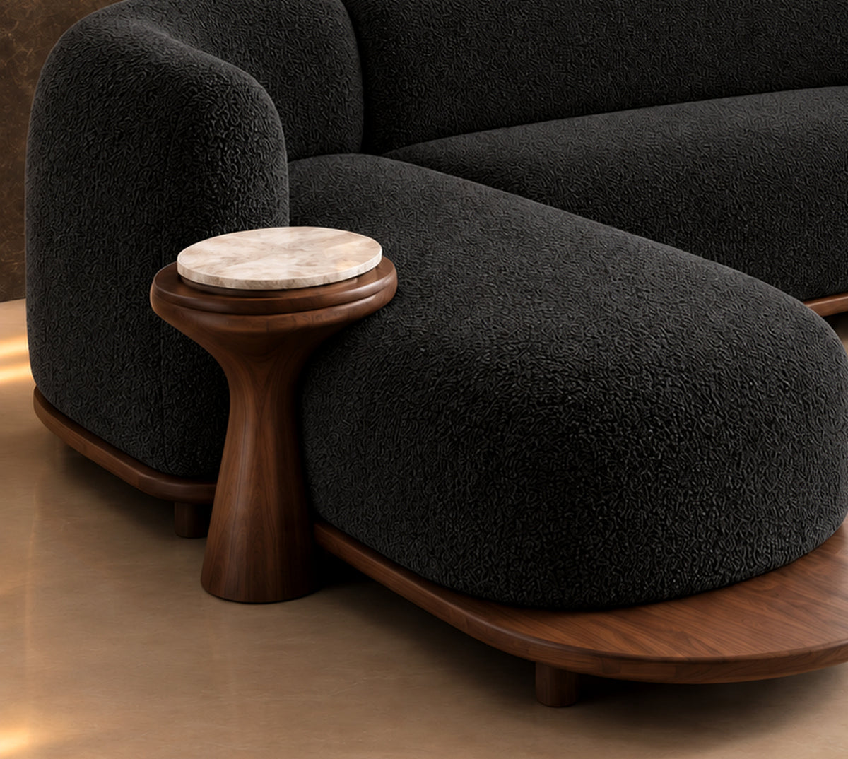 Black Lume Curve Sectional Sofa chaise and integrated side table detail by Z Galleria