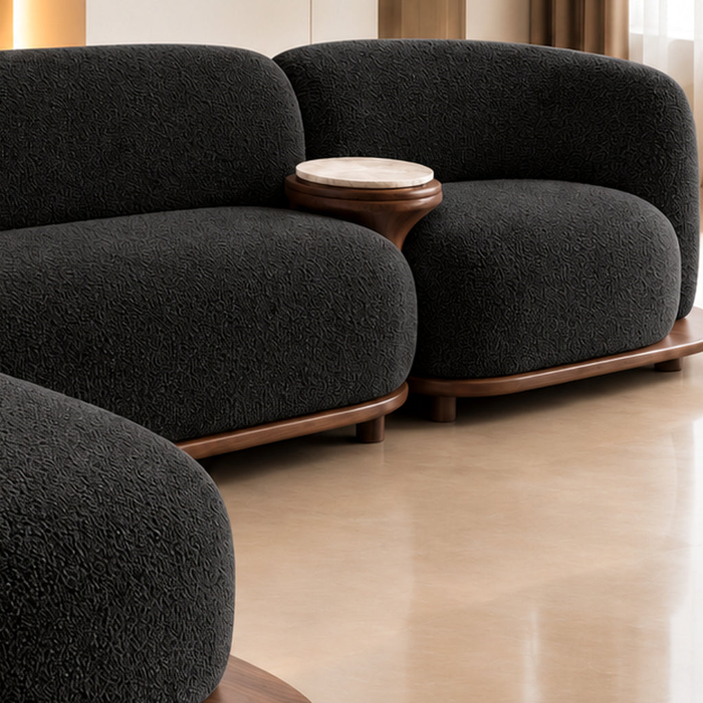 Black Lume Curve Sectional Sofa right seat and integrated side table detail by Z Galleria Lahore