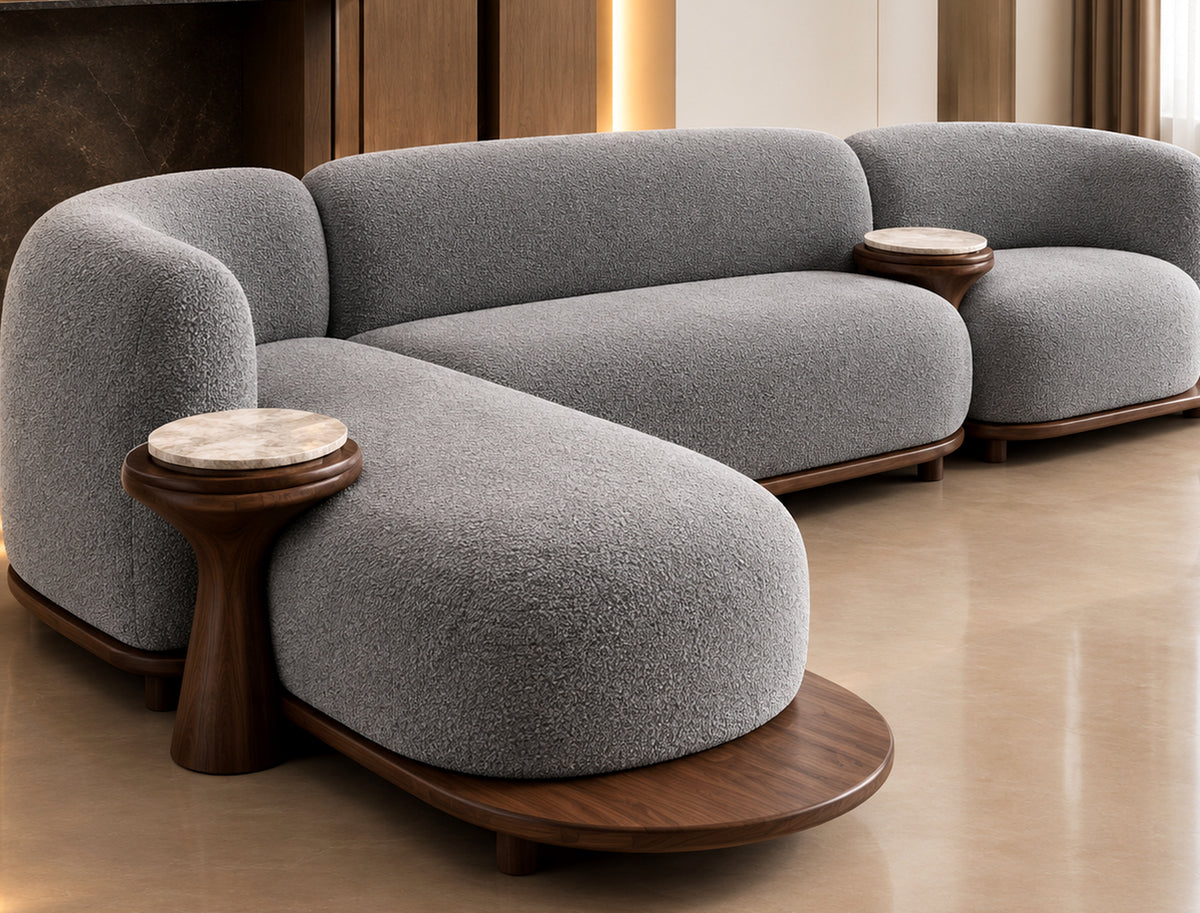 Lume Curve Sectional Sofa grey full product view with curved chaise and walnut-toned base by Z Galleria