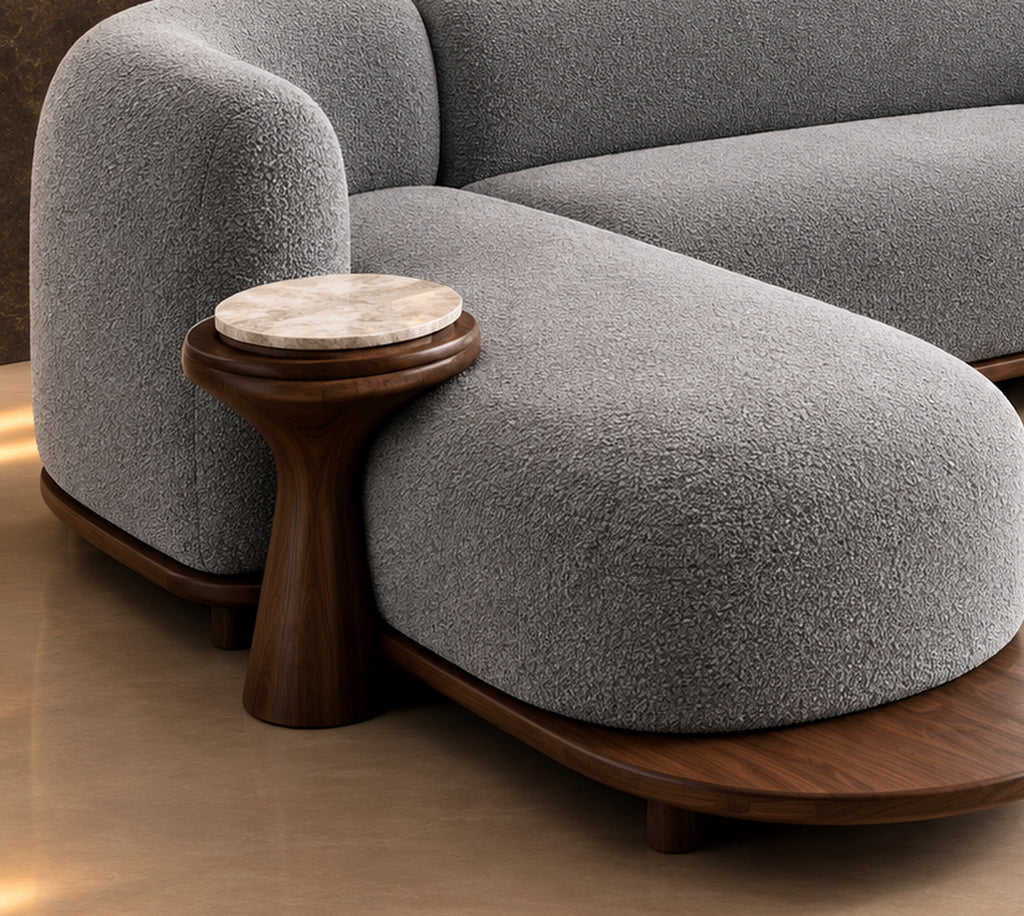 Grey Lume Curve Sectional Sofa chaise and integrated side table detail by Z Galleria