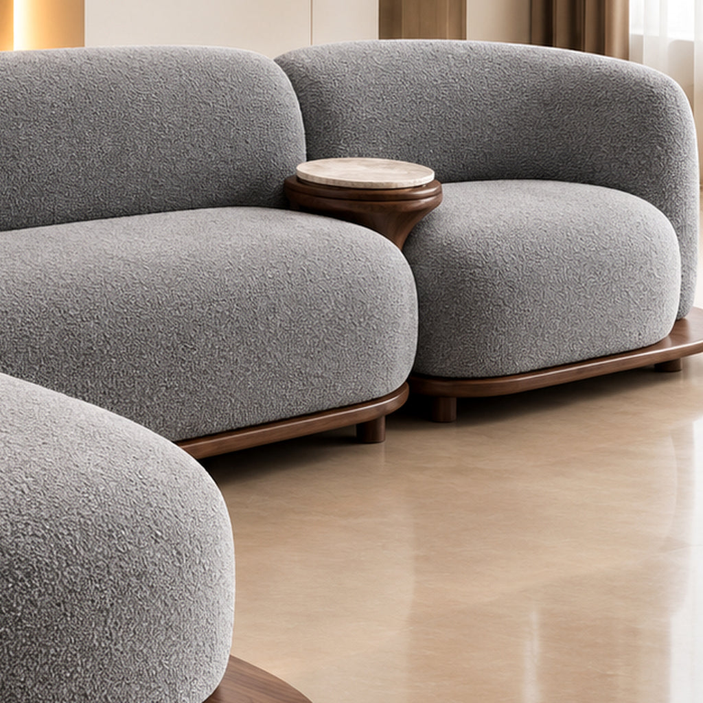 Grey Lume Curve Sectional Sofa right seat and integrated side table detail by Z Galleria Lahore