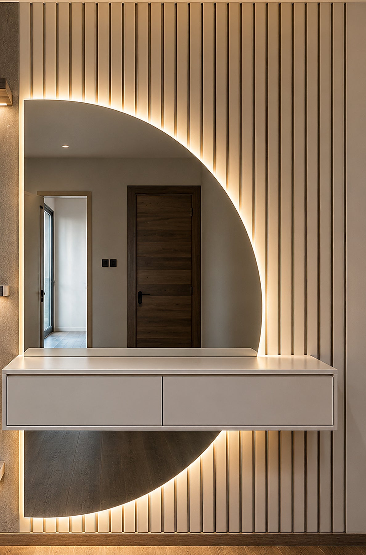 Luna Arc sculptural mirror and warm integrated lighting detail by Z Galleria