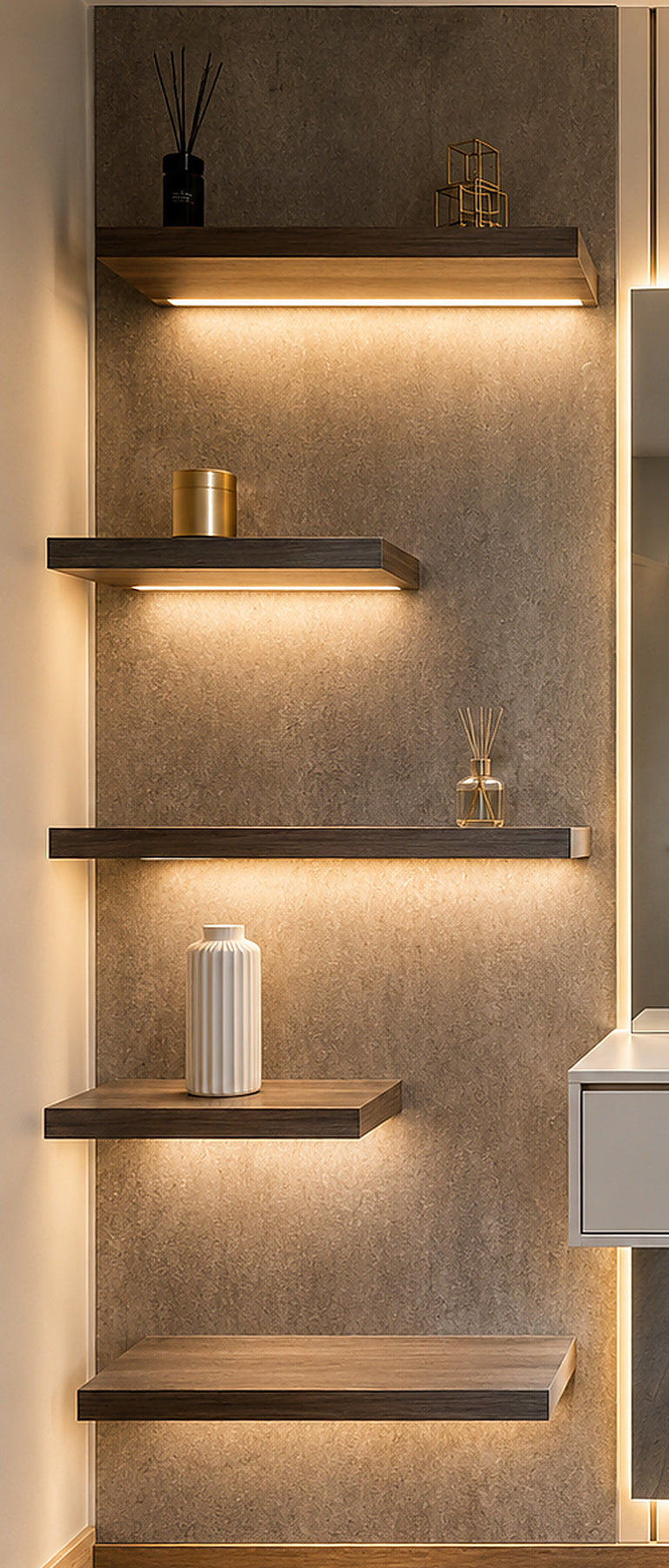 Luna Arc illuminated floating shelves and textured wall panel detail by Z Galleria Lahore