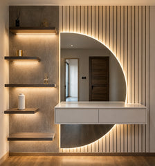 Luna Arc wall vanity with asymmetrical mirror, floating console and illuminated shelving by Z Galleria Lahore
