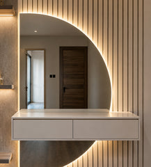 Luna Arc MDF vanity console and asymmetrical illuminated mirror detail by Z Galleria