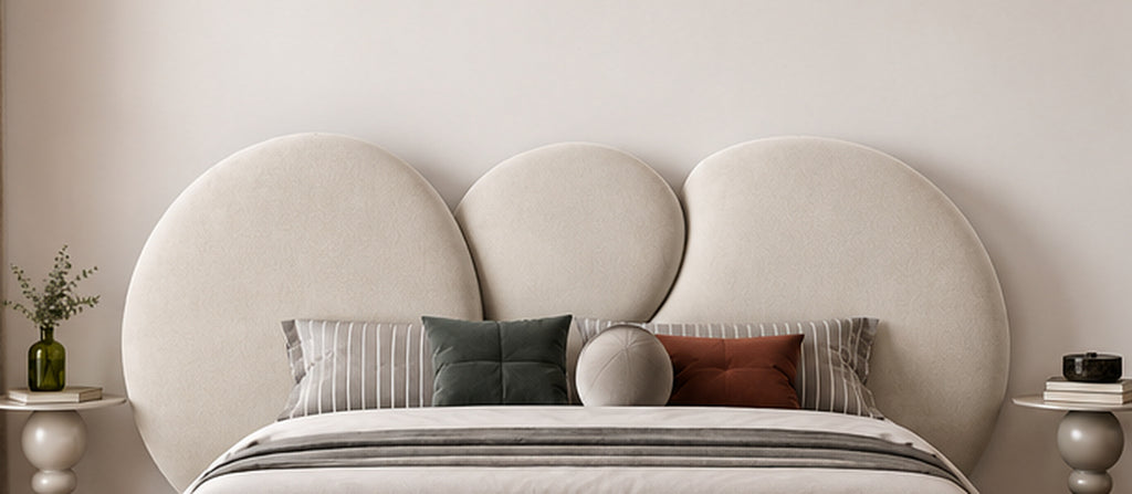 Luna Sculpted Bed ivory sculptural three-panel headboard detail by Z Galleria