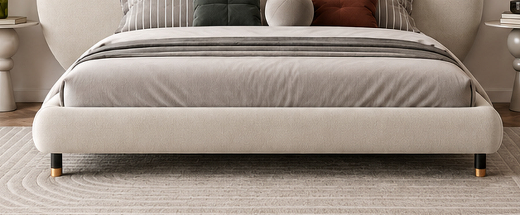 Luna Sculpted Bed ivory upholstered footboard and elevated leg detail by Z Galleria